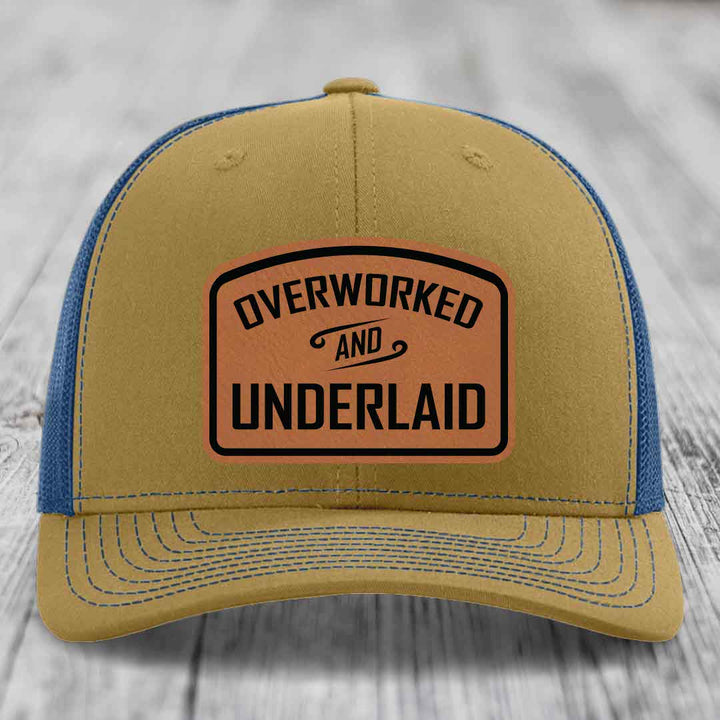 Overworked and Underlaid - Leather Patch Hat - Rawhide to Black Patch - Richardson 112 Snapback Trucker Hat