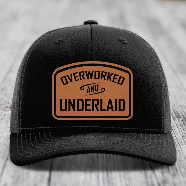 Overworked and Underlaid - Leather Patch Hat - Rawhide to Black Patch - Richardson 112 Snapback Trucker Hat
