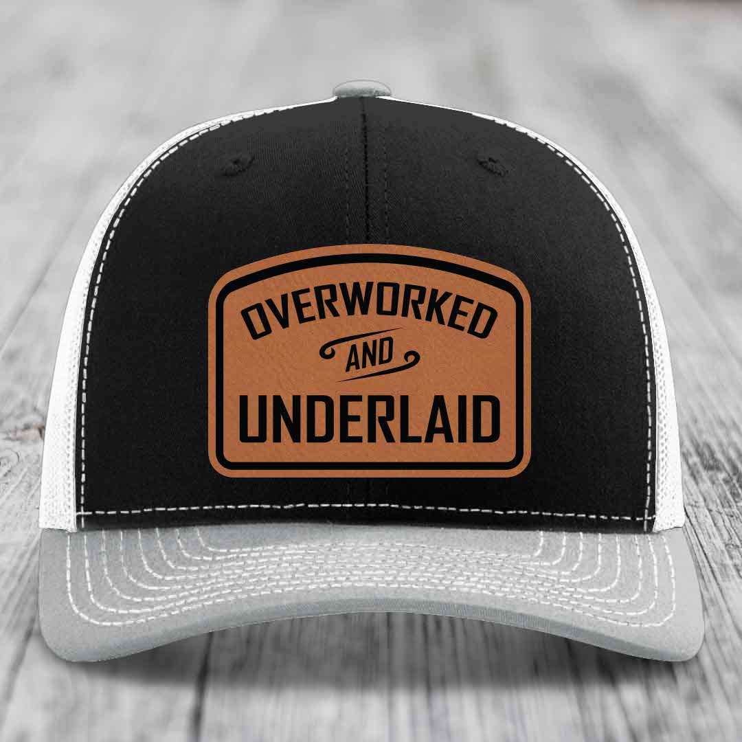 Overworked and Underlaid - Leather Patch Hat - Rawhide to Black Patch - Richardson 112 Snapback Trucker Hat