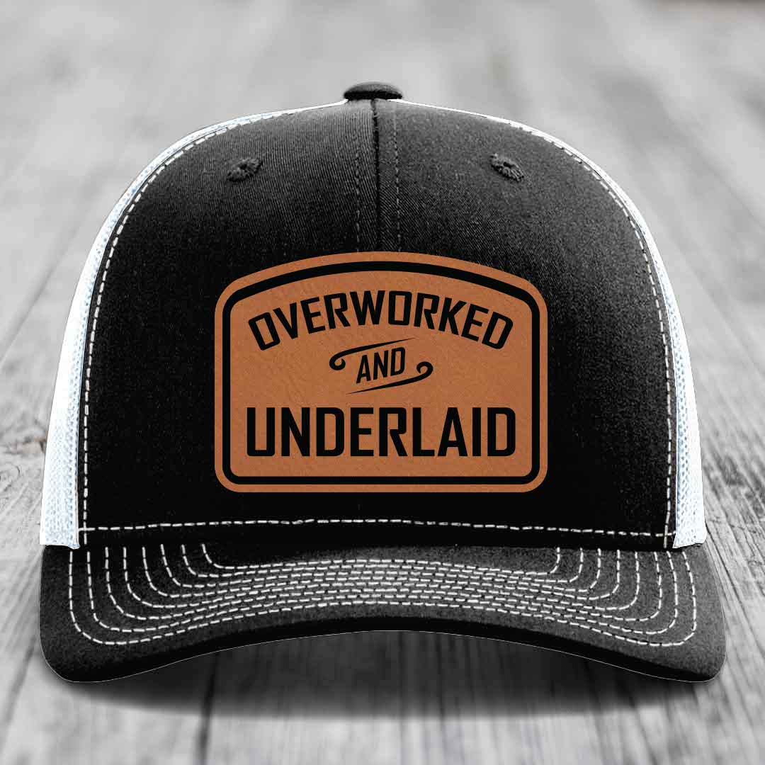 Overworked and Underlaid - Leather Patch Hat - Rawhide to Black Patch - Richardson 112 Snapback Trucker Hat