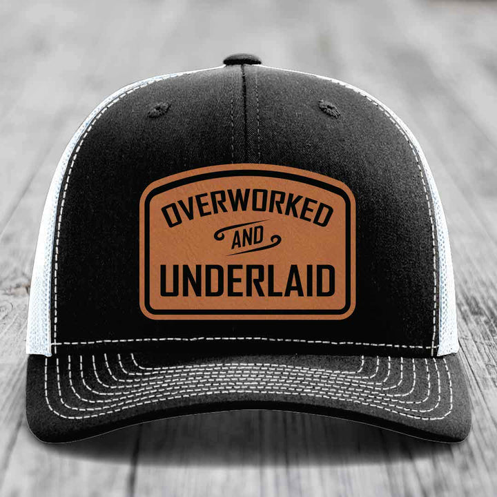 Overworked and Underlaid - Leather Patch Hat - Rawhide to Black Patch - Richardson 112 Snapback Trucker Hat