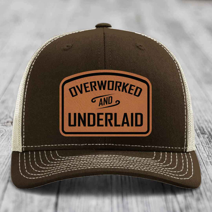Overworked and Underlaid - Leather Patch Hat - Rawhide to Black Patch - Richardson 112 Snapback Trucker Hat
