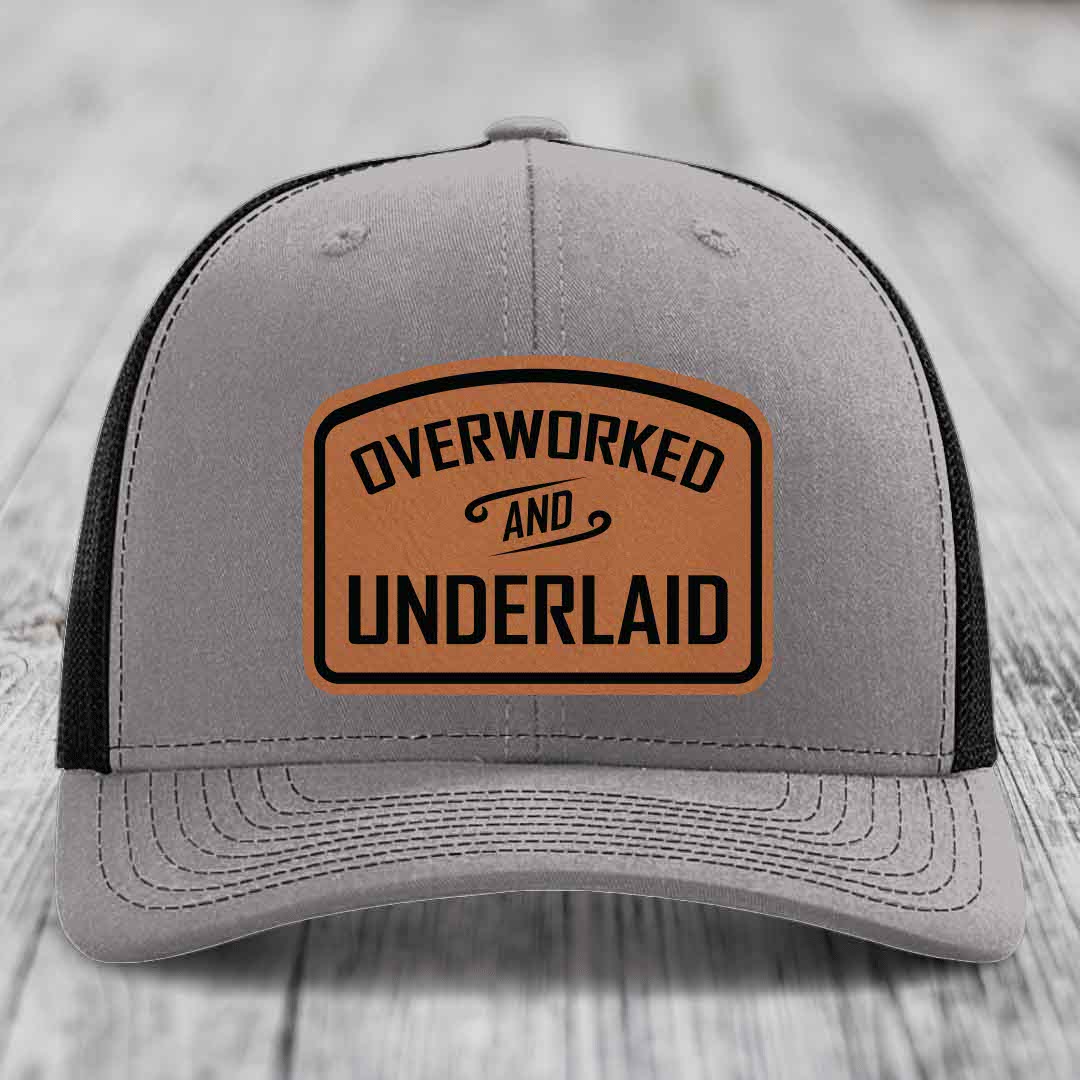 Overworked and Underlaid - Leather Patch Hat - Rawhide to Black Patch - Richardson 112 Snapback Trucker Hat