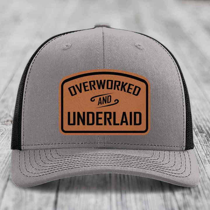 Overworked and Underlaid - Leather Patch Hat - Rawhide to Black Patch - Richardson 112 Snapback Trucker Hat