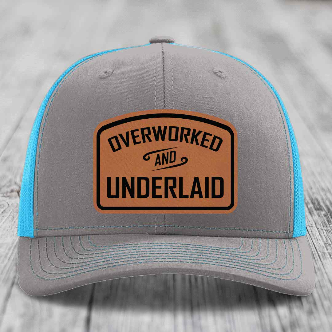 Overworked and Underlaid - Leather Patch Hat - Rawhide to Black Patch - Richardson 112 Snapback Trucker Hat