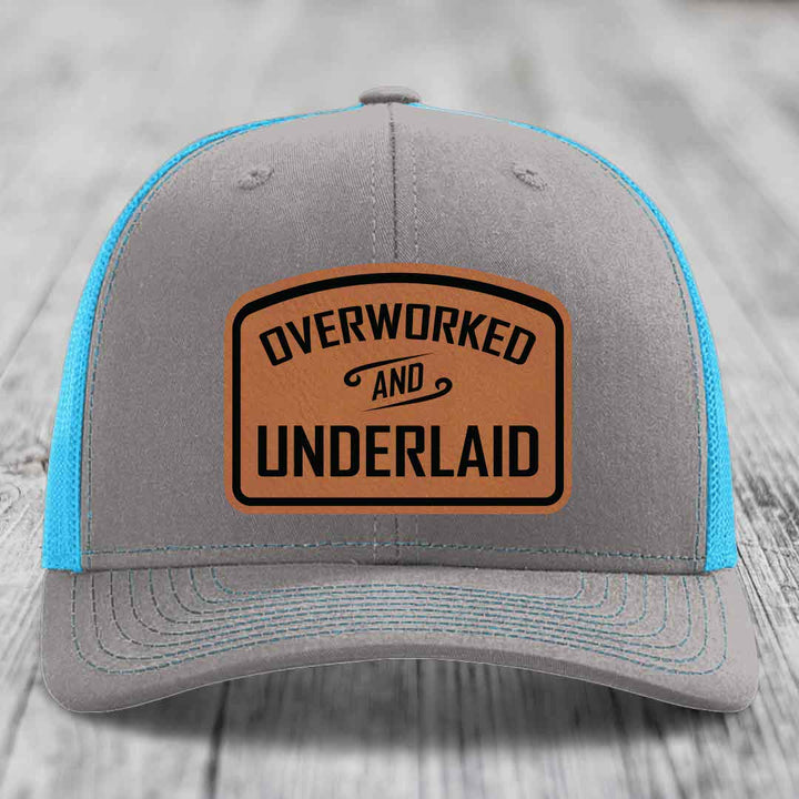Overworked and Underlaid - Leather Patch Hat - Rawhide to Black Patch - Richardson 112 Snapback Trucker Hat