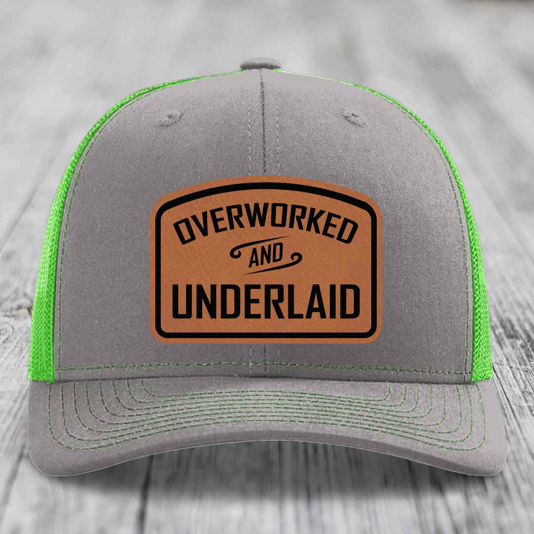 Overworked and Underlaid - Leather Patch Hat - Rawhide to Black Patch - Richardson 112 Snapback Trucker Hat