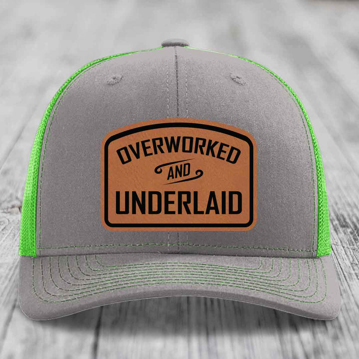 Overworked and Underlaid - Leather Patch Hat - Rawhide to Black Patch - Richardson 112 Snapback Trucker Hat