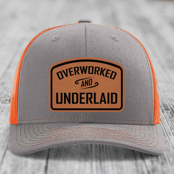 Overworked and Underlaid - Leather Patch Hat - Rawhide to Black Patch - Richardson 112 Snapback Trucker Hat