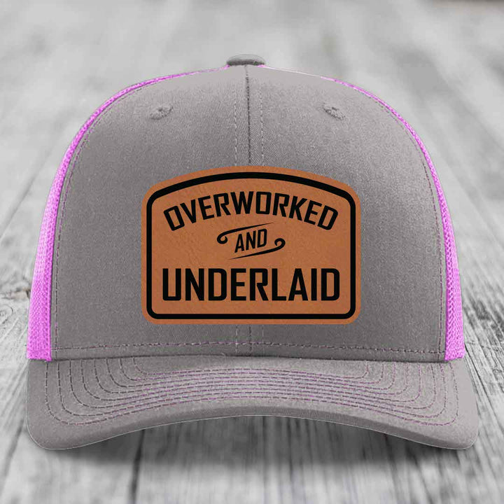 Overworked and Underlaid - Leather Patch Hat - Rawhide to Black Patch - Richardson 112 Snapback Trucker Hat
