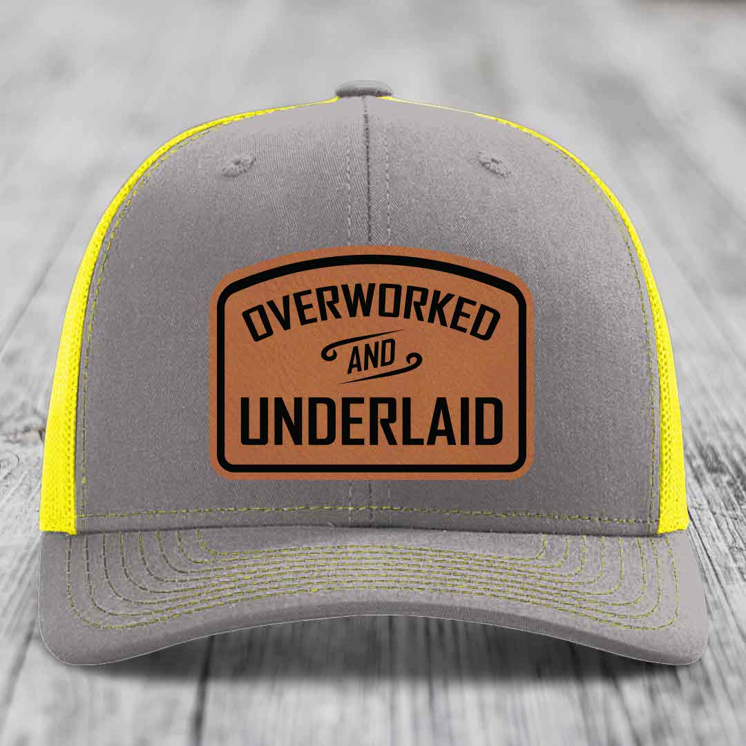 Overworked and Underlaid - Leather Patch Hat - Rawhide to Black Patch - Richardson 112 Snapback Trucker Hat
