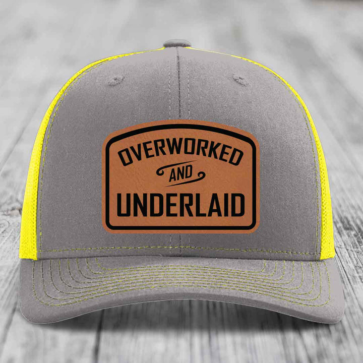 Overworked and Underlaid - Leather Patch Hat - Rawhide to Black Patch - Richardson 112 Snapback Trucker Hat