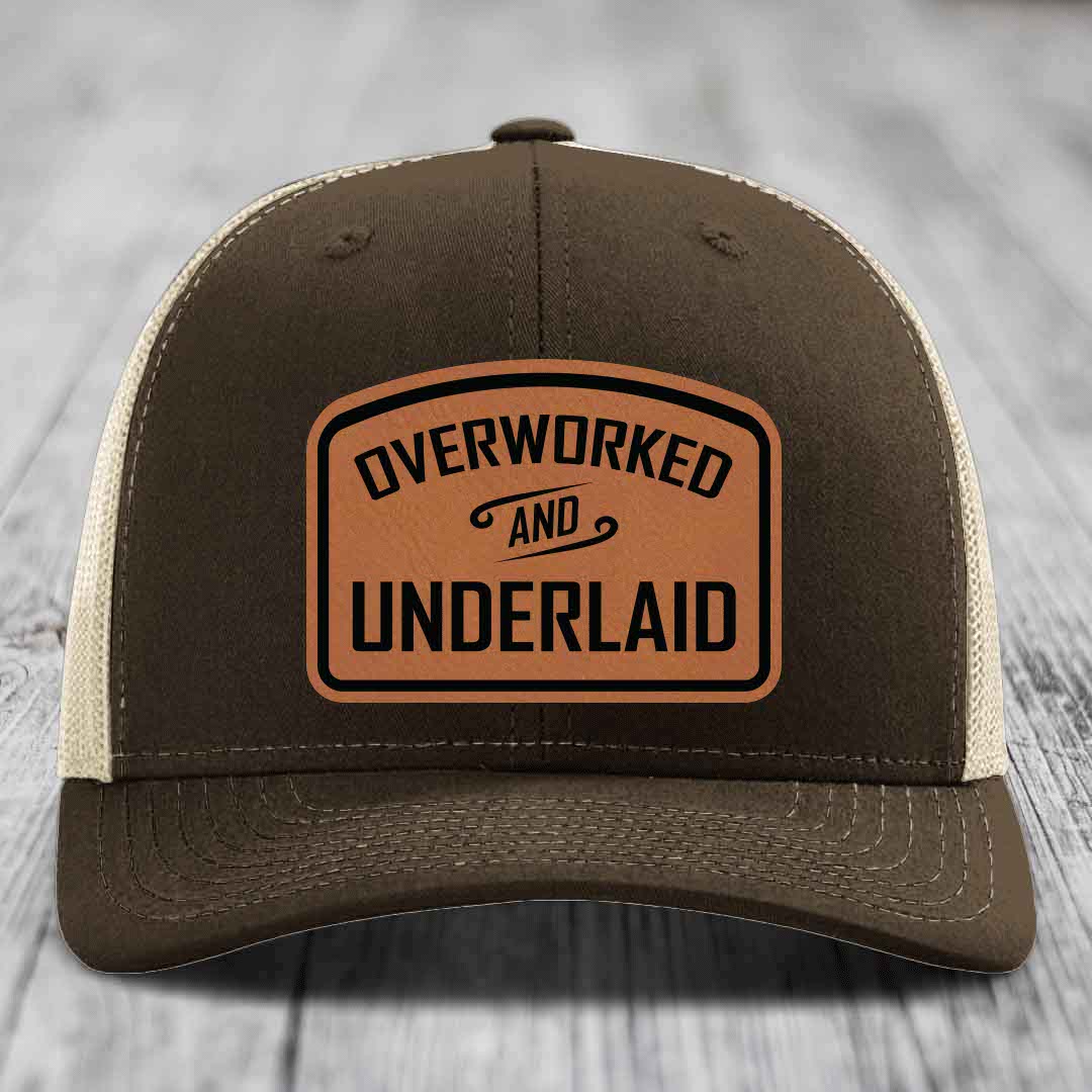 Overworked and Underlaid - Leather Patch Hat - Rawhide to Black Patch - Richardson 112 Snapback Trucker Hat