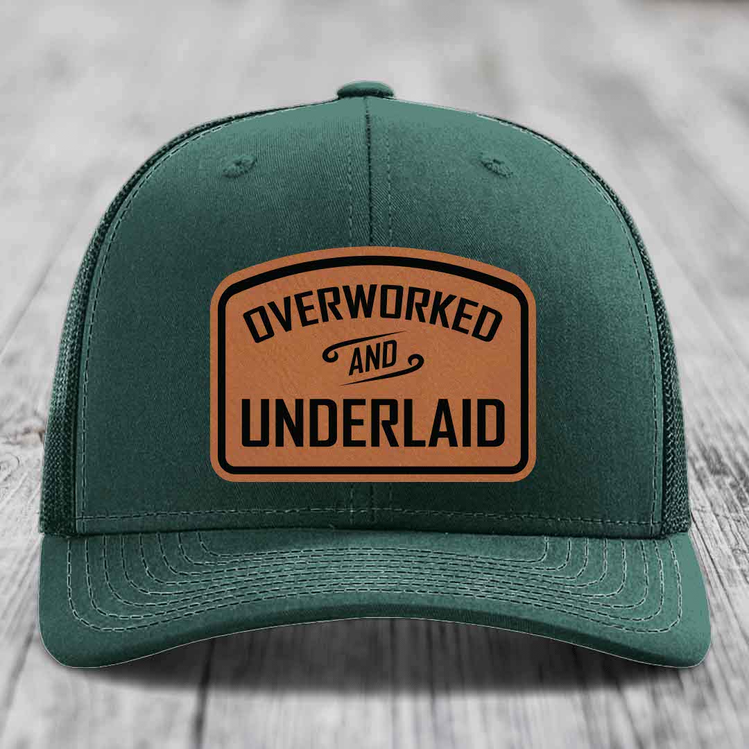 Overworked and Underlaid - Leather Patch Hat - Rawhide to Black Patch - Richardson 112 Snapback Trucker Hat