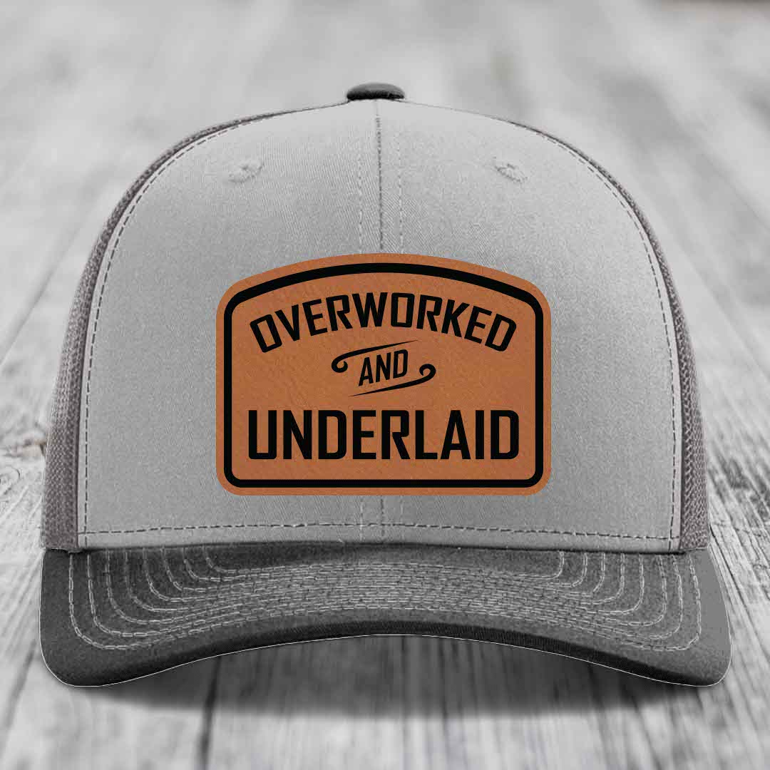 Overworked and Underlaid - Leather Patch Hat - Rawhide to Black Patch - Richardson 112 Snapback Trucker Hat