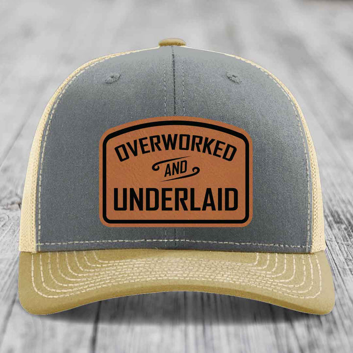 Overworked and Underlaid - Leather Patch Hat - Rawhide to Black Patch - Richardson 112 Snapback Trucker Hat