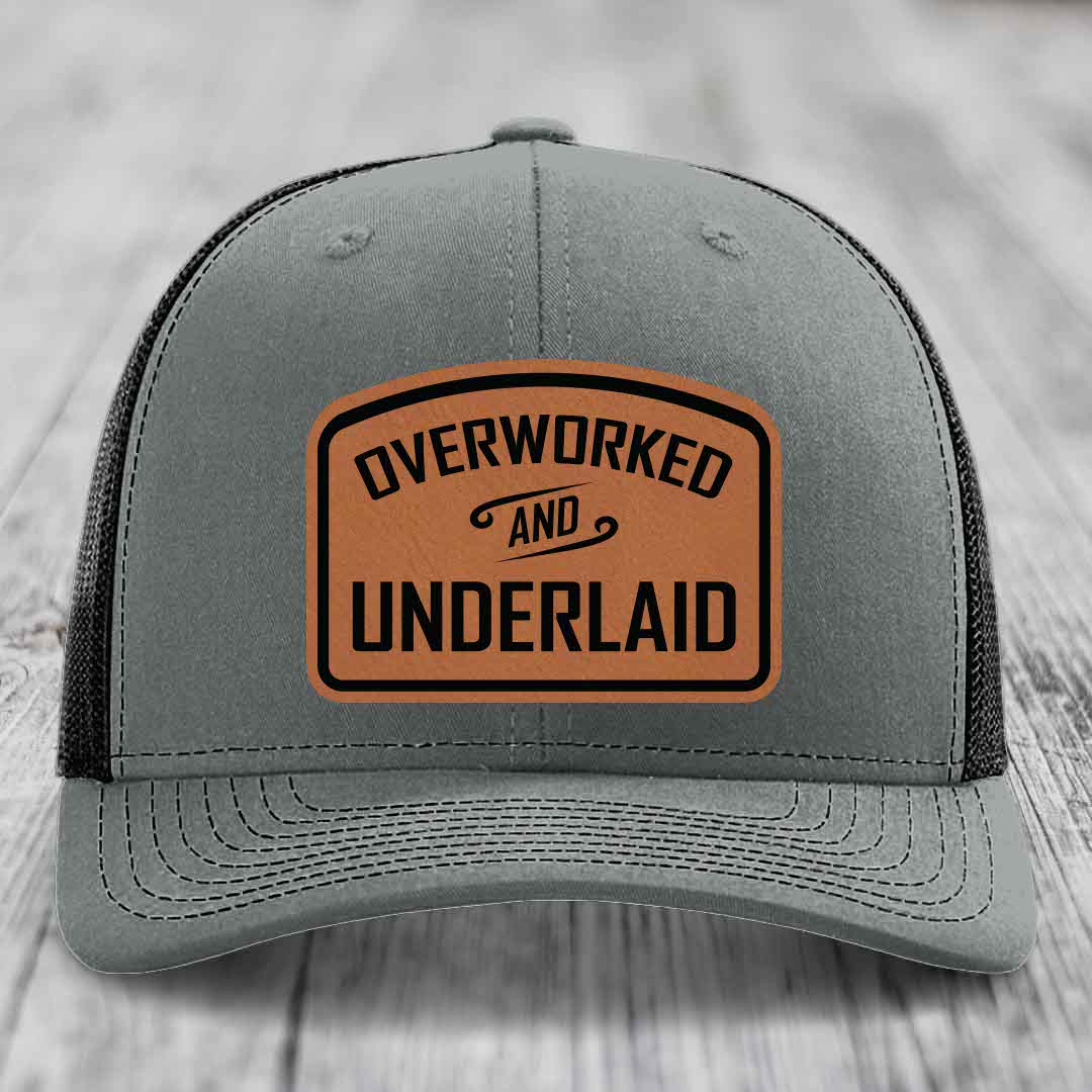 Overworked and Underlaid - Leather Patch Hat - Rawhide to Black Patch - Richardson 112 Snapback Trucker Hat