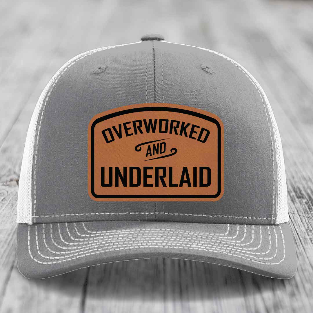 Overworked and Underlaid - Leather Patch Hat - Rawhide to Black Patch - Richardson 112 Snapback Trucker Hat