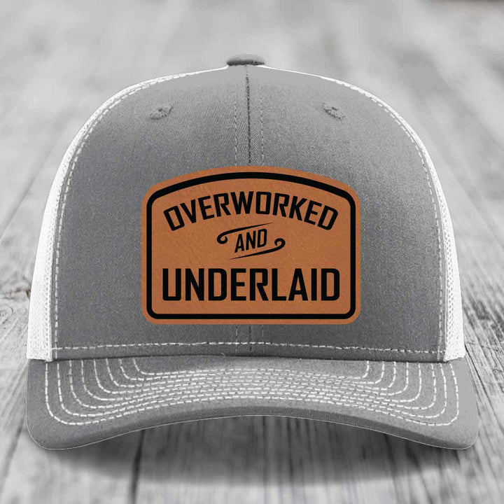 Overworked and Underlaid - Leather Patch Hat - Rawhide to Black Patch - Richardson 112 Snapback Trucker Hat