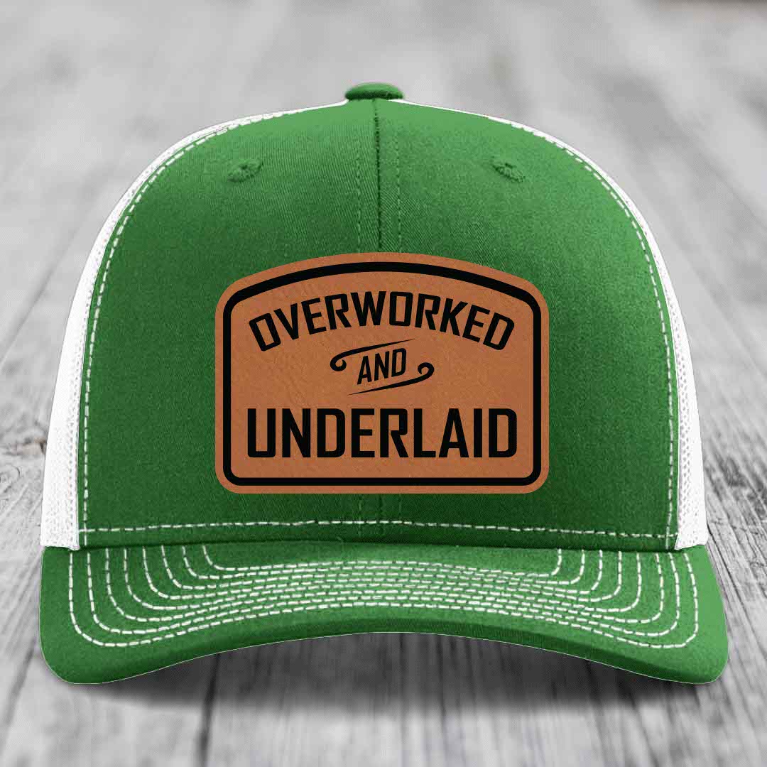 Overworked and Underlaid - Leather Patch Hat - Rawhide to Black Patch - Richardson 112 Snapback Trucker Hat