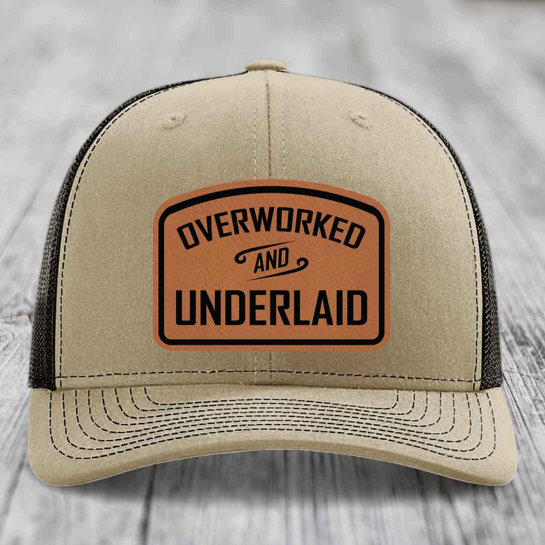 Overworked and Underlaid - Leather Patch Hat - Rawhide to Black Patch - Richardson 112 Snapback Trucker Hat