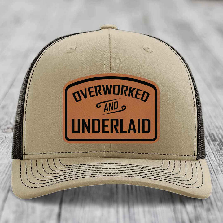 Overworked and Underlaid - Leather Patch Hat - Rawhide to Black Patch - Richardson 112 Snapback Trucker Hat