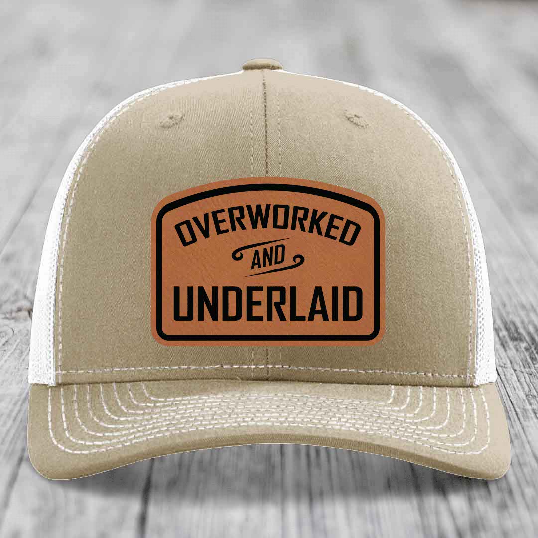 Overworked and Underlaid - Leather Patch Hat - Rawhide to Black Patch - Richardson 112 Snapback Trucker Hat