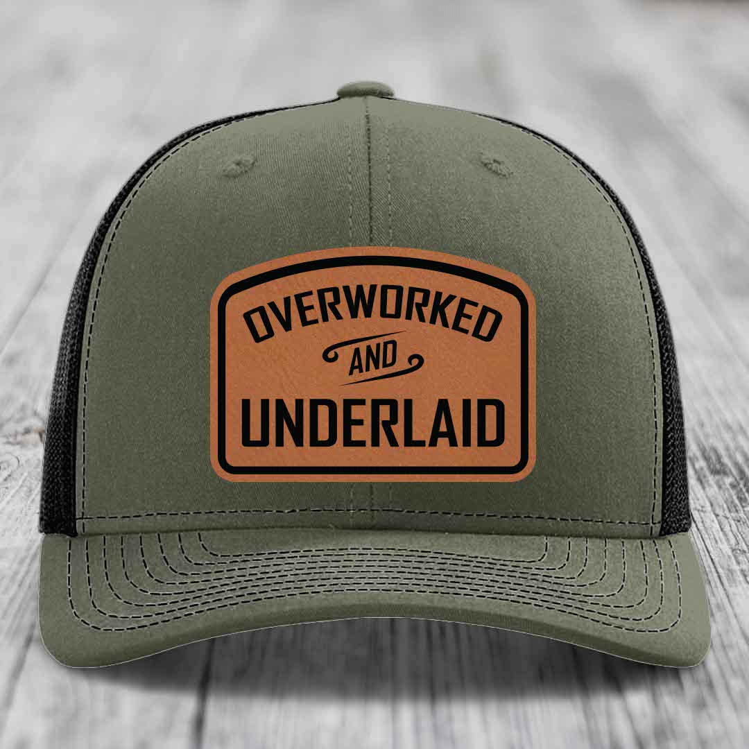 Overworked and Underlaid - Leather Patch Hat - Rawhide to Black Patch - Richardson 112 Snapback Trucker Hat