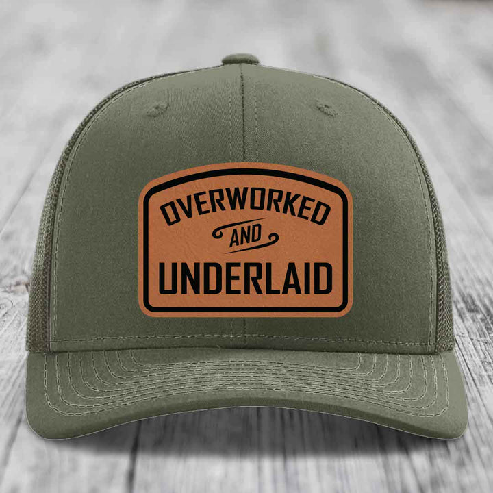 Overworked and Underlaid - Leather Patch Hat - Rawhide to Black Patch - Richardson 112 Snapback Trucker Hat