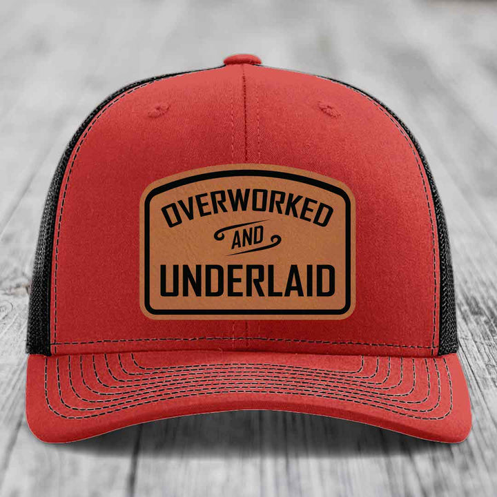 Overworked and Underlaid - Leather Patch Hat - Rawhide to Black Patch - Richardson 112 Snapback Trucker Hat