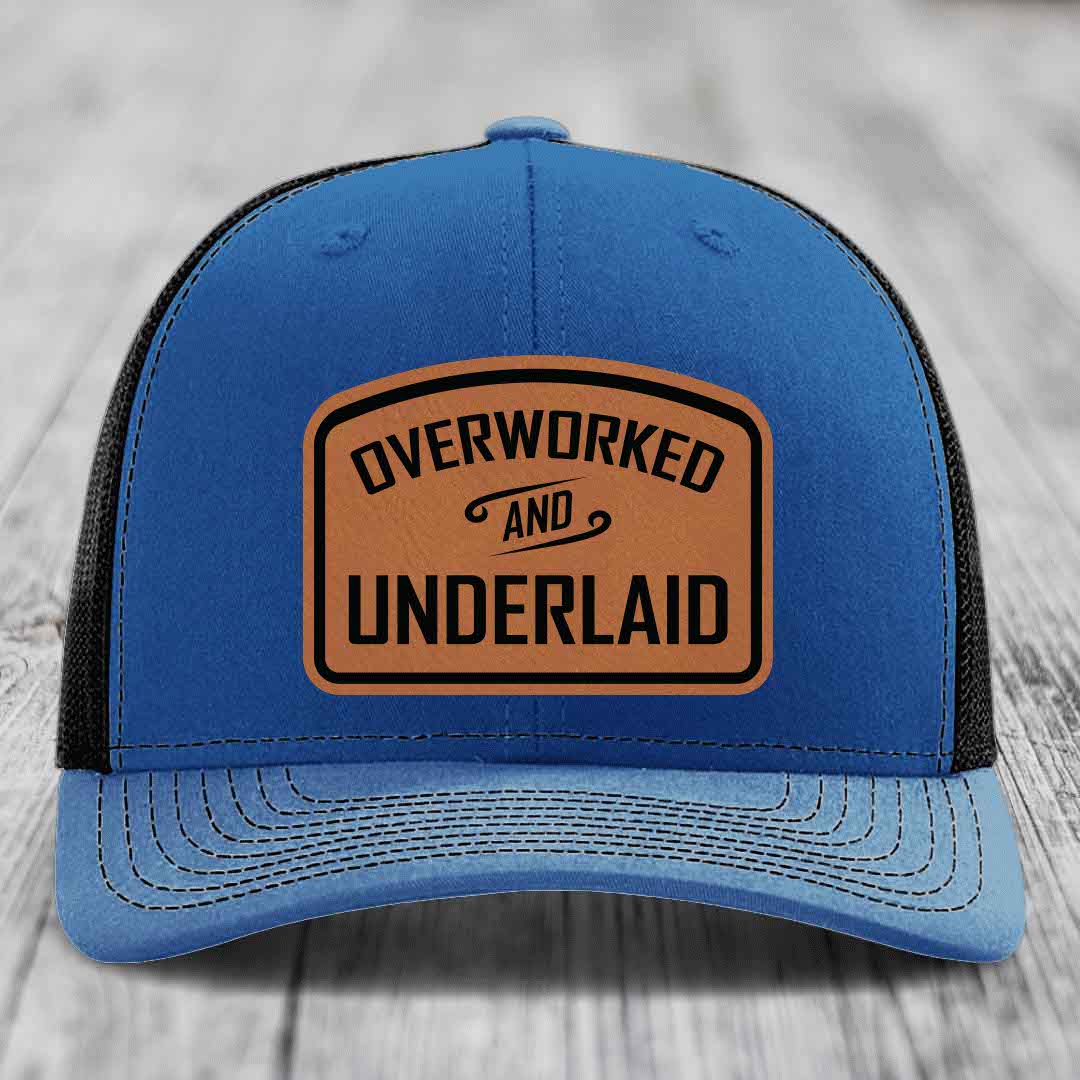 Overworked and Underlaid - Leather Patch Hat - Rawhide to Black Patch - Richardson 112 Snapback Trucker Hat
