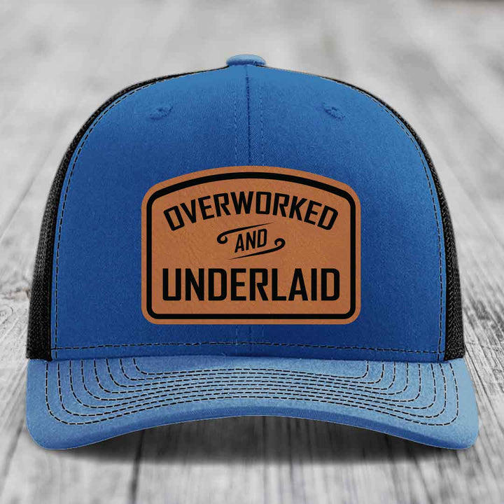 Overworked and Underlaid - Leather Patch Hat - Rawhide to Black Patch - Richardson 112 Snapback Trucker Hat