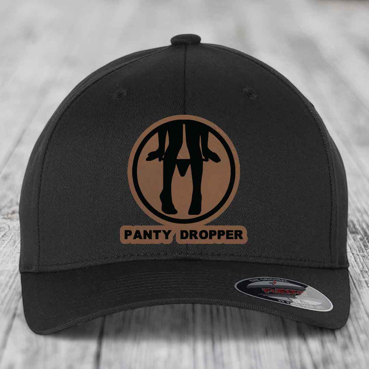 Panty Dropper - Leather Patch Hat - Dark Brown to Black Patch - Flexfit 6277 Fitted Hat