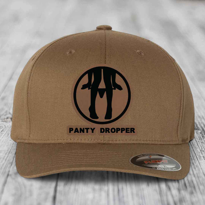 Panty Dropper - Leather Patch Hat - Dark Brown to Black Patch - Flexfit 6277 Fitted Hat