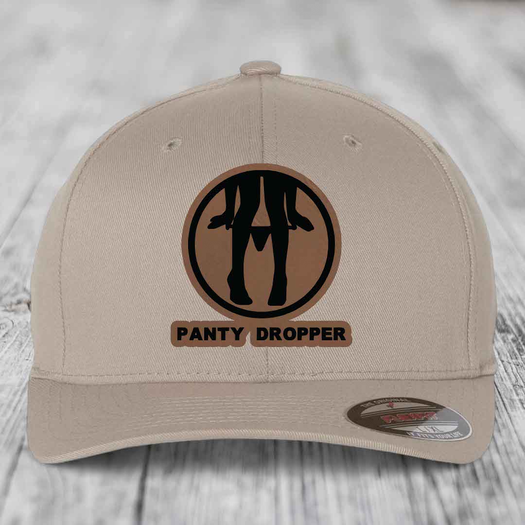 Panty Dropper - Leather Patch Hat - Dark Brown to Black Patch - Flexfit 6277 Fitted Hat