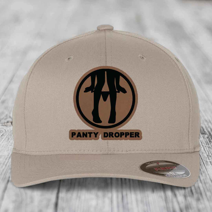 Panty Dropper - Leather Patch Hat - Dark Brown to Black Patch - Flexfit 6277 Fitted Hat