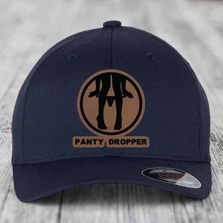 Panty Dropper - Leather Patch Hat - Dark Brown to Black Patch - Flexfit 6277 Fitted Hat