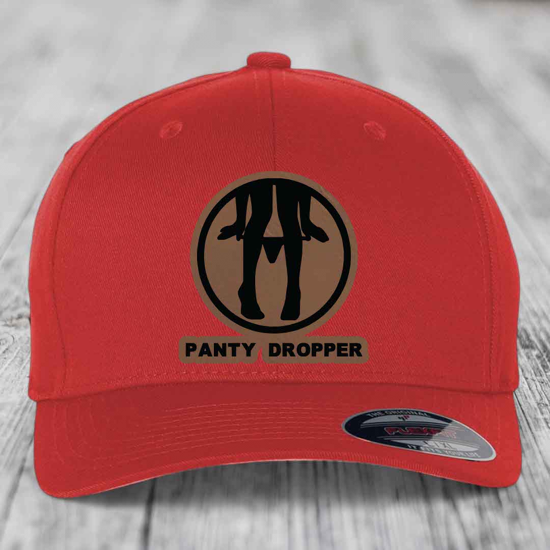 Panty Dropper - Leather Patch Hat - Dark Brown to Black Patch - Flexfit 6277 Fitted Hat