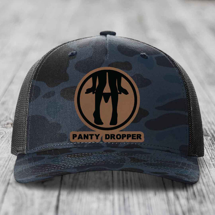 Panty Dropper - Leather Patch Hat - Dark Brown to Black Patch - Richardson 112PFP Snapback Trucker Hat