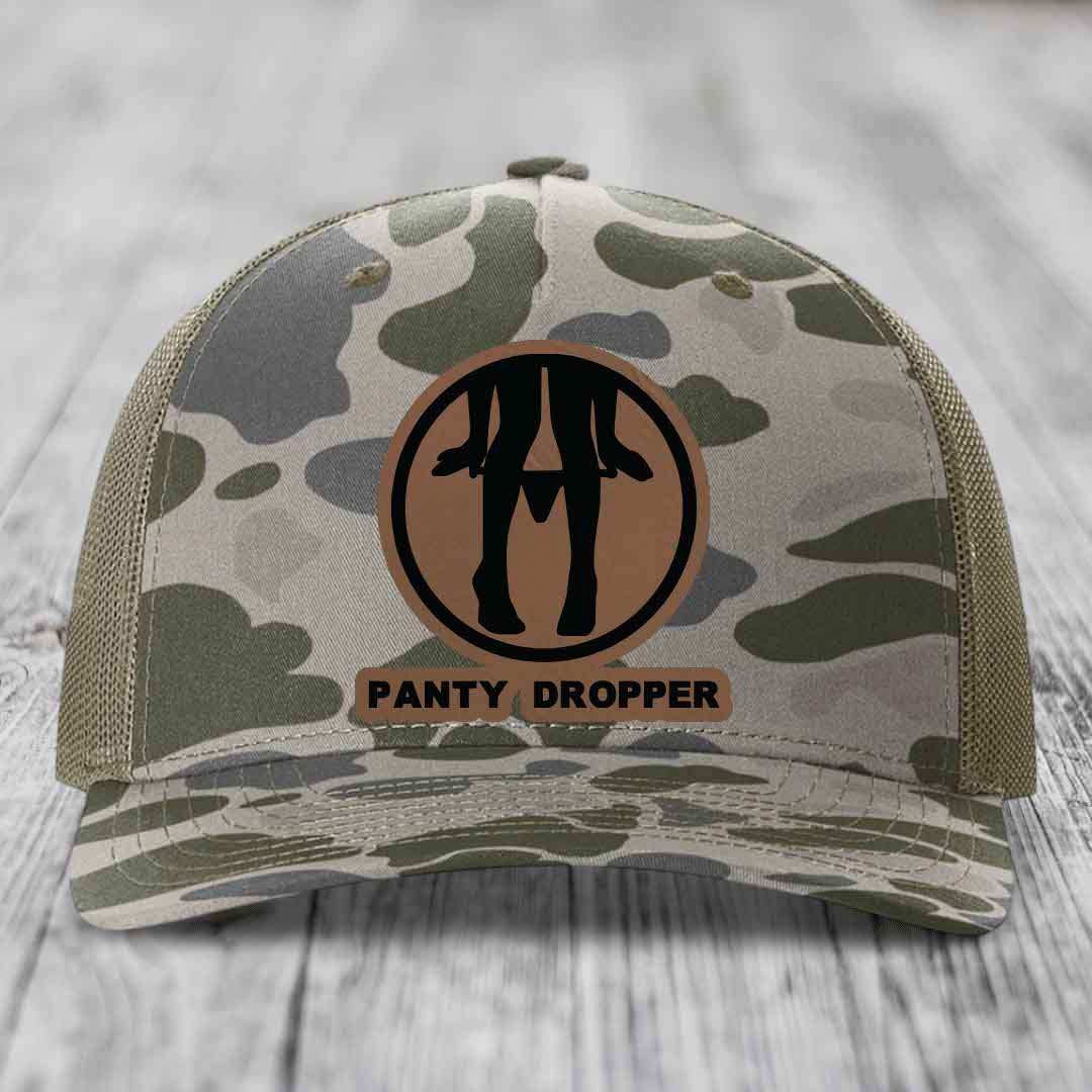 Panty Dropper - Leather Patch Hat - Dark Brown to Black Patch - Richardson 112PFP Snapback Trucker Hat