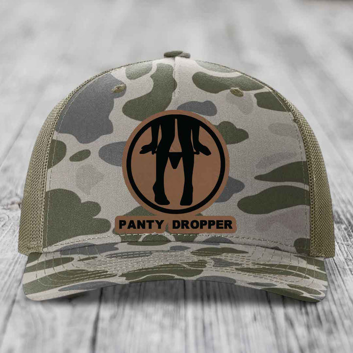 Panty Dropper - Leather Patch Hat - Dark Brown to Black Patch - Richardson 112PFP Snapback Trucker Hat