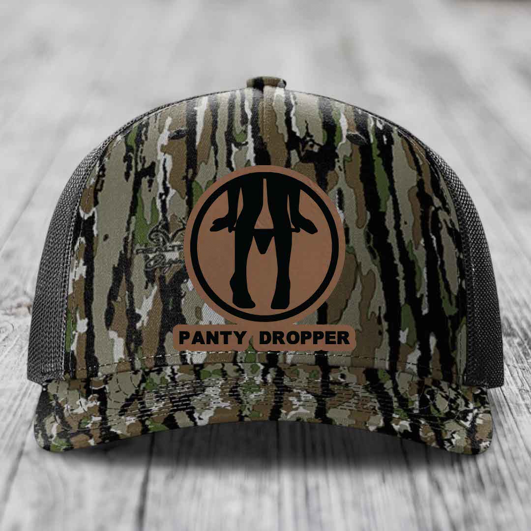 Panty Dropper - Leather Patch Hat - Dark Brown to Black Patch - Richardson 112PFP Snapback Trucker Hat