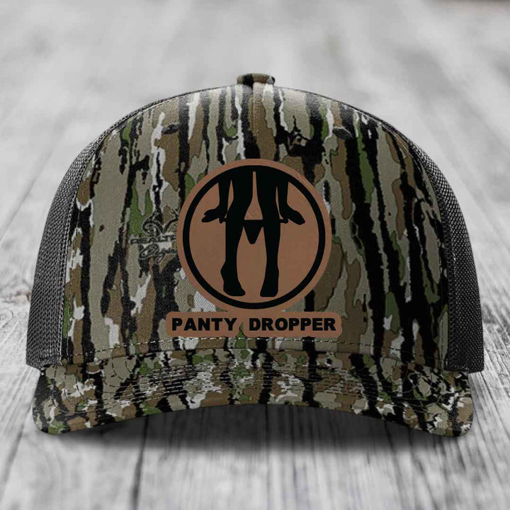 Panty Dropper - Leather Patch Hat - Dark Brown to Black Patch - Richardson 112PFP Snapback Trucker Hat