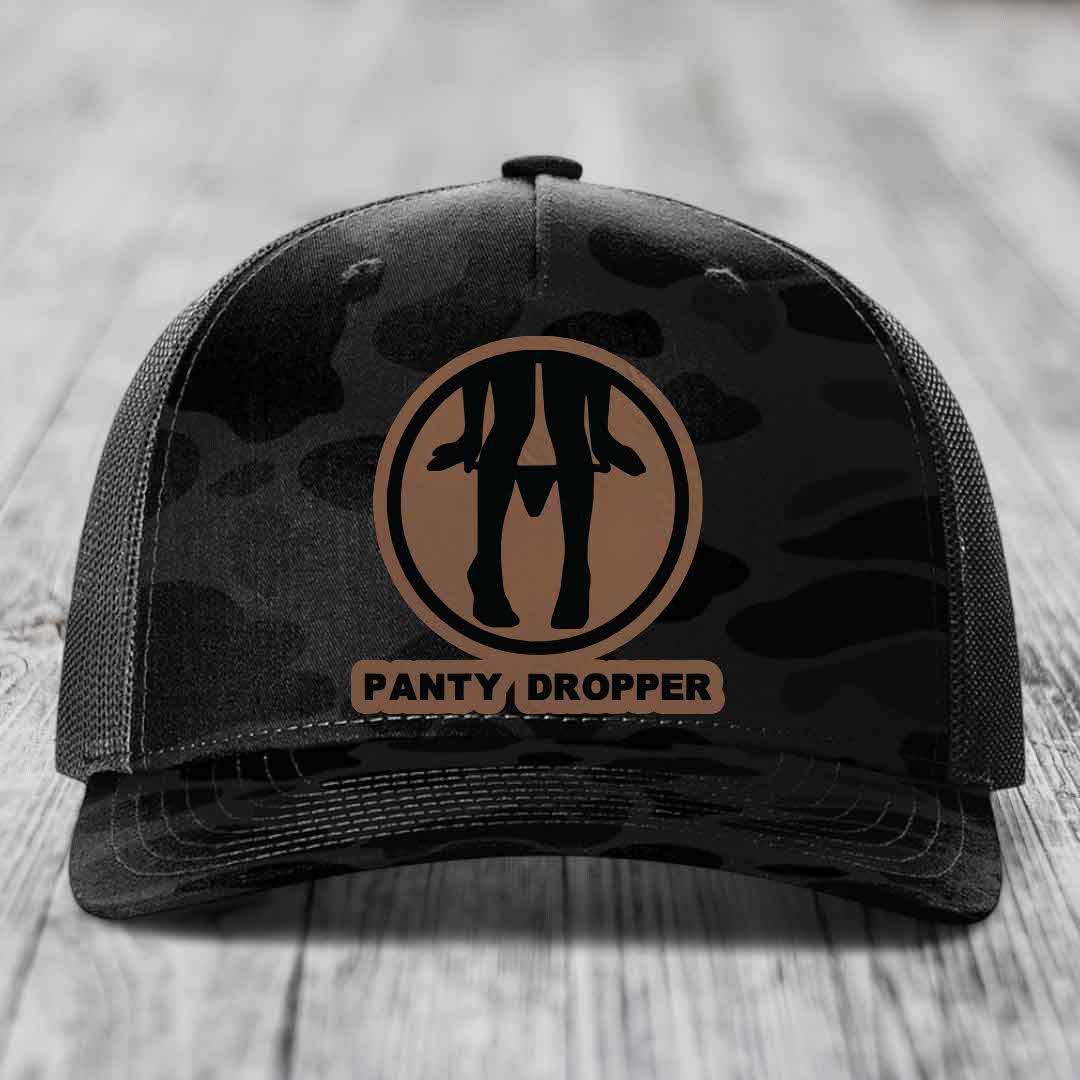 Panty Dropper - Leather Patch Hat - Dark Brown to Black Patch - Richardson 112PFP Snapback Trucker Hat