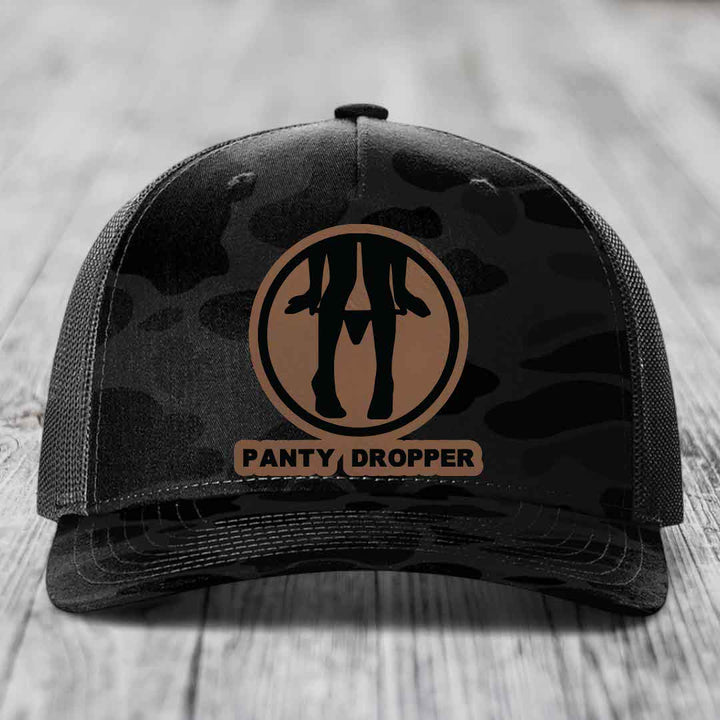 Panty Dropper - Leather Patch Hat - Dark Brown to Black Patch - Richardson 112PFP Snapback Trucker Hat