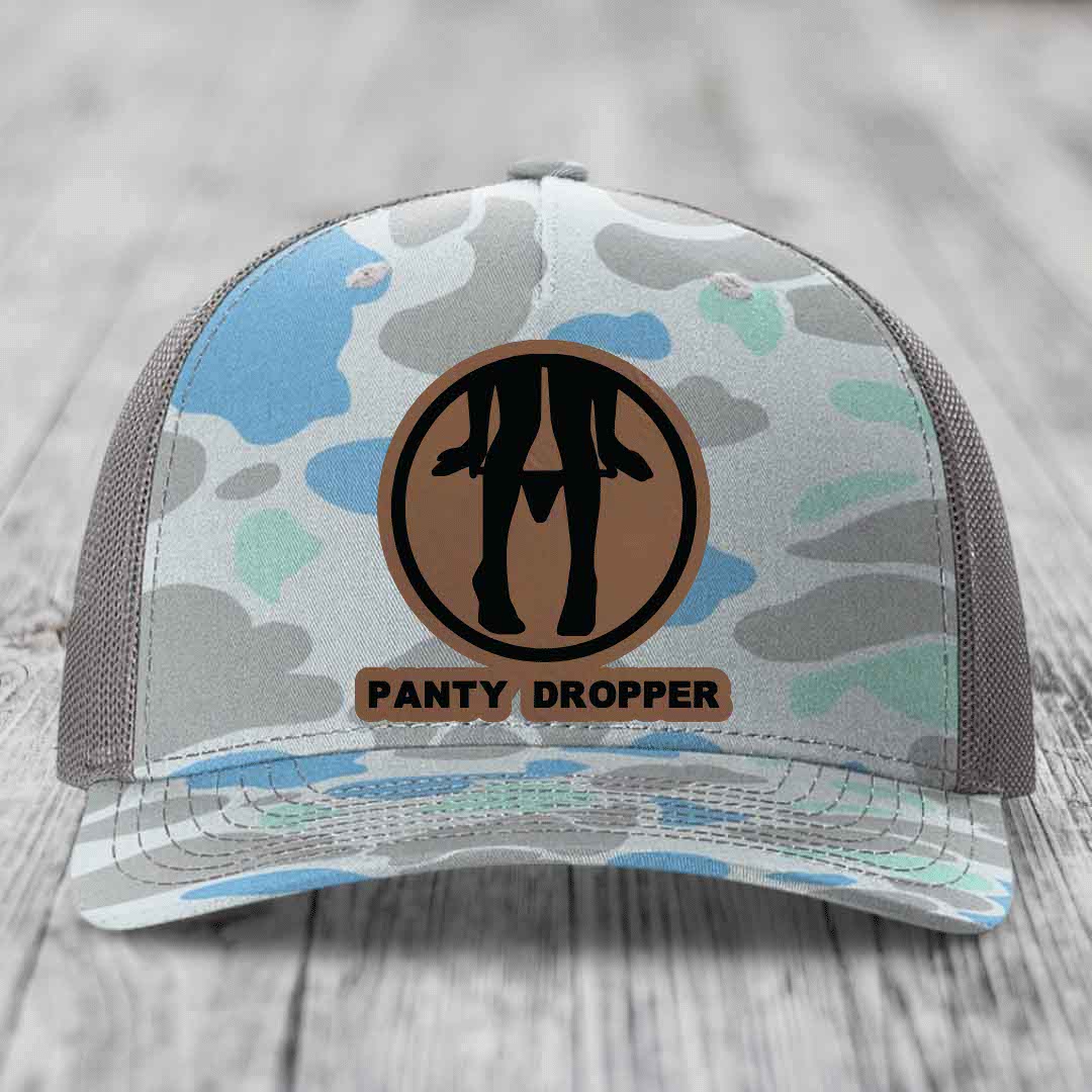 Panty Dropper - Leather Patch Hat - Dark Brown to Black Patch - Richardson 112PFP Snapback Trucker Hat