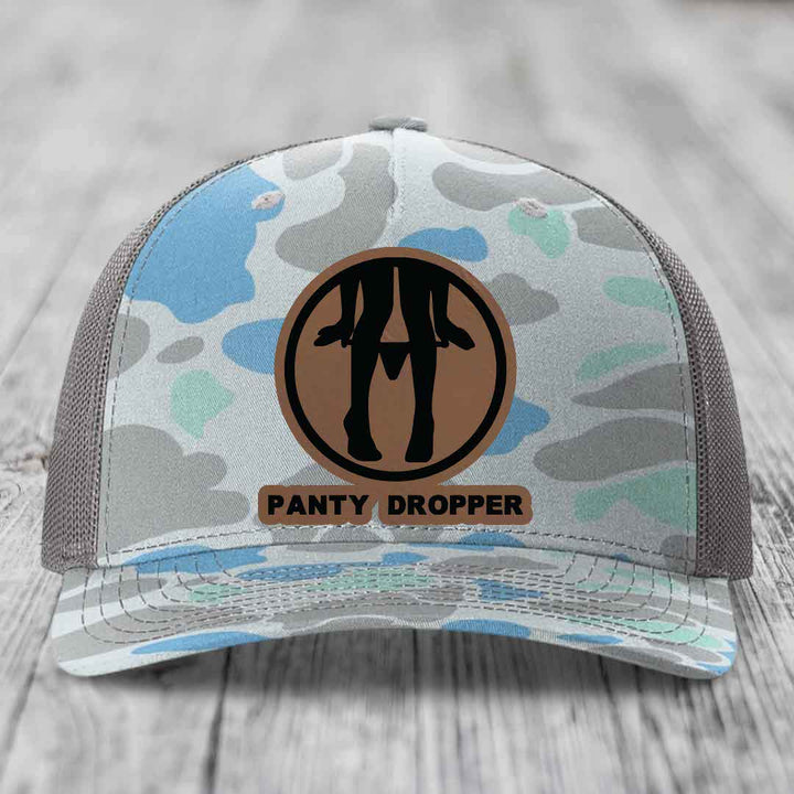 Panty Dropper - Leather Patch Hat - Dark Brown to Black Patch - Richardson 112PFP Snapback Trucker Hat