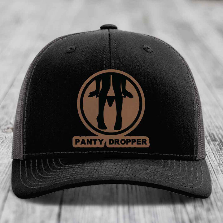 Panty Dropper - Leather Patch Hat - Dark Brown to Black Patch - Richardson 112 Snapback Trucker Hat