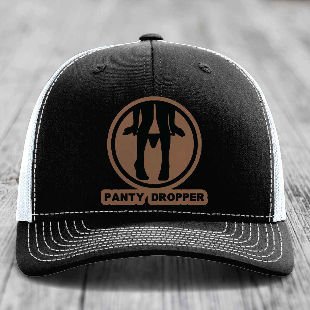 Panty Dropper - Leather Patch Hat - Dark Brown to Black Patch - Richardson 112 Snapback Trucker Hat