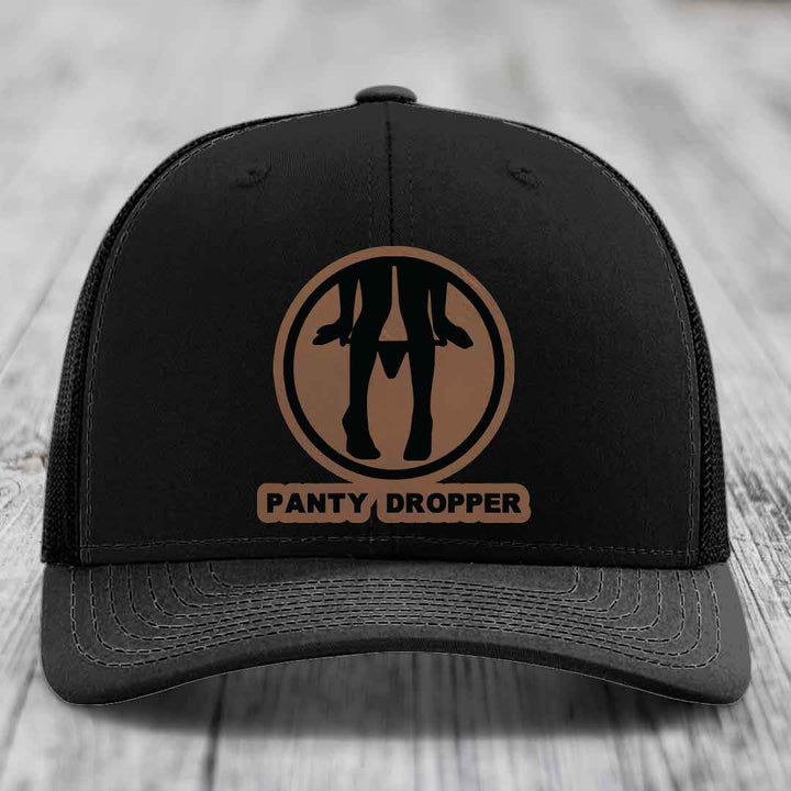 Panty Dropper - Leather Patch Hat - Dark Brown to Black Patch - Richardson 112 Snapback Trucker Hat